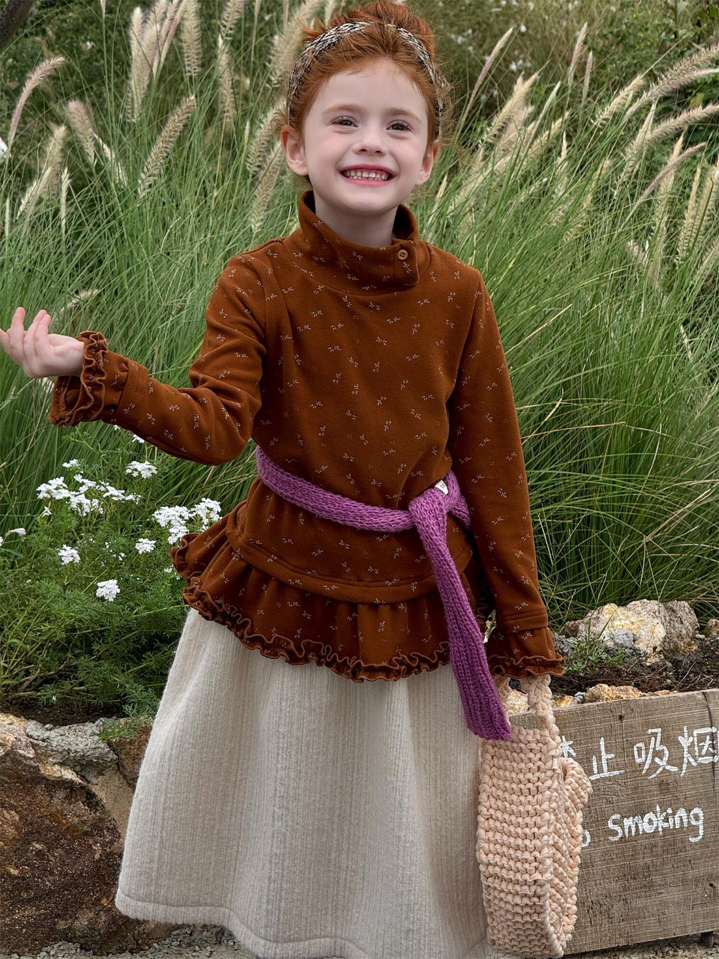 長袖ハイネックTシャツ 花柄 裾フリル レイヤード【mh0011748】