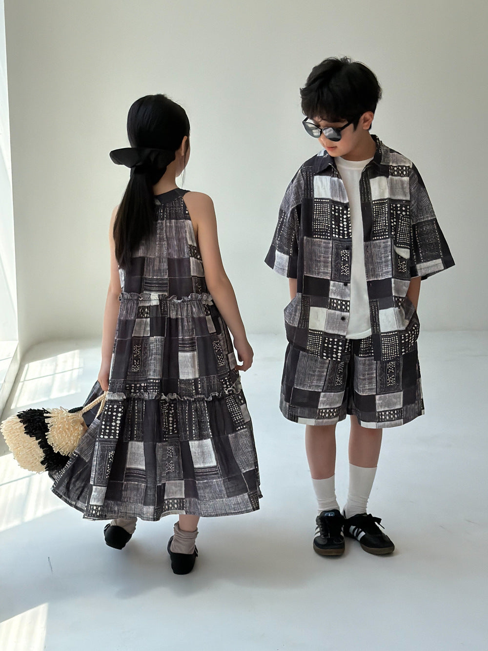 Ethnic Geometric Printed Dress Shirt Shorts Set エスニック ノースリーブワンピース 半袖シャツ ハーフパンツ【mh0013538】