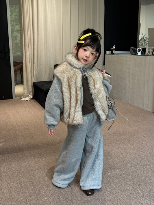 Kids' Set 2026 Winter Girls' Faux Fur Patchwork Sweatshirt Two-Piece Set, Thickened Fleece-Lined Kids Set Mo Xiao Meng【mh0014700】