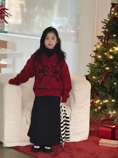 Knit jacket with collar, cherry print, thick cardigan, toggle buttons [mh0011863]