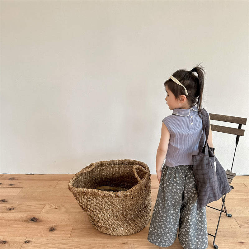 Kids' Ribbed Sleeveless T-shirt with Collar and Round Neck【mh0001795】