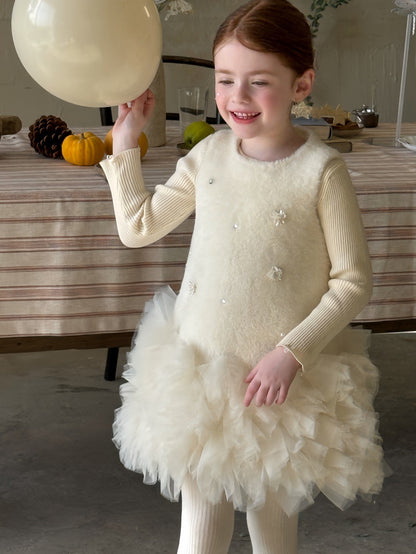 ノースリーブワンピース フリース ボリュームチュールスカート ビーズ刺繍【mh0011887】