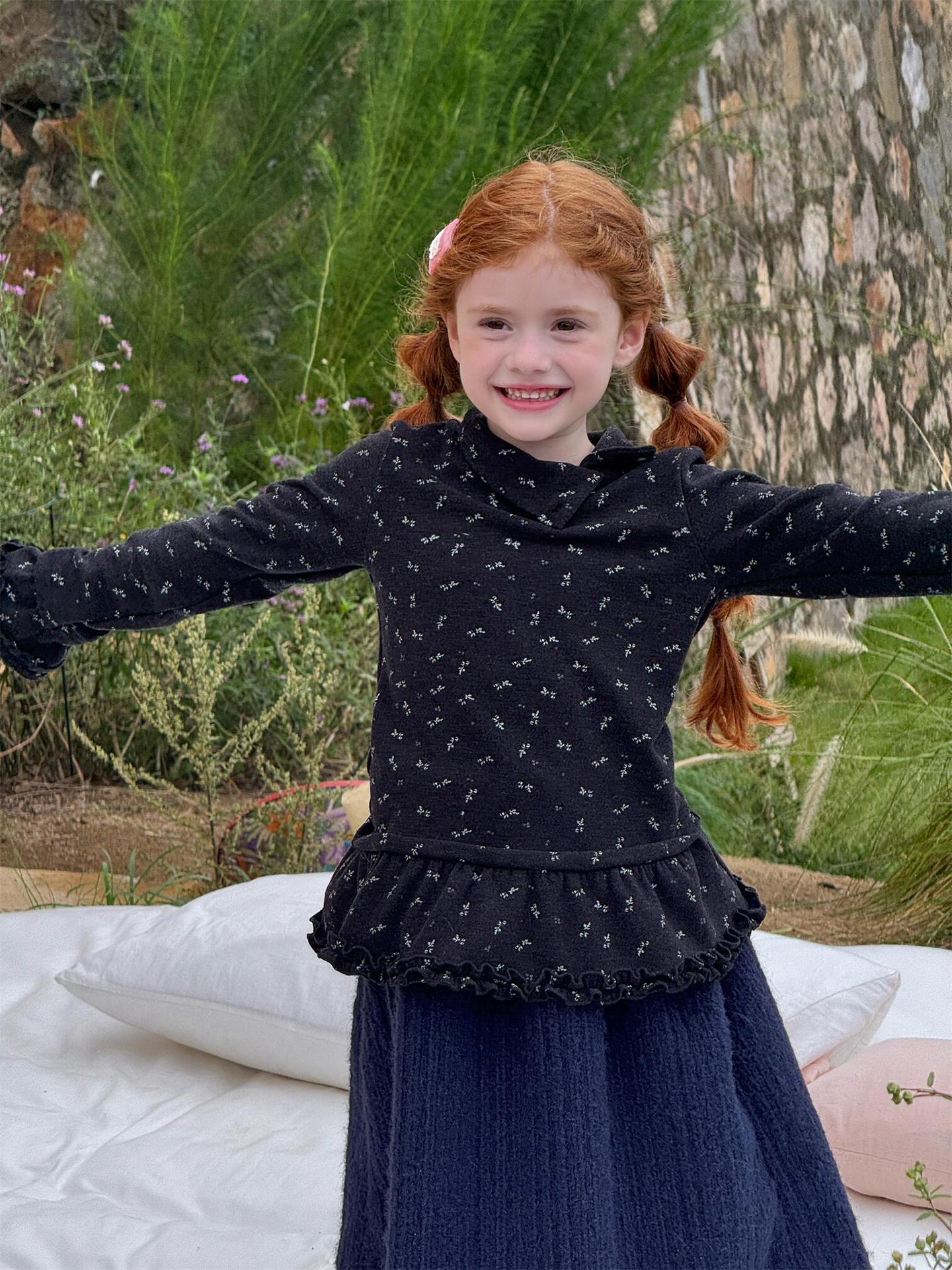 長袖ハイネックTシャツ 花柄 裾フリル レイヤード【mh0011748】