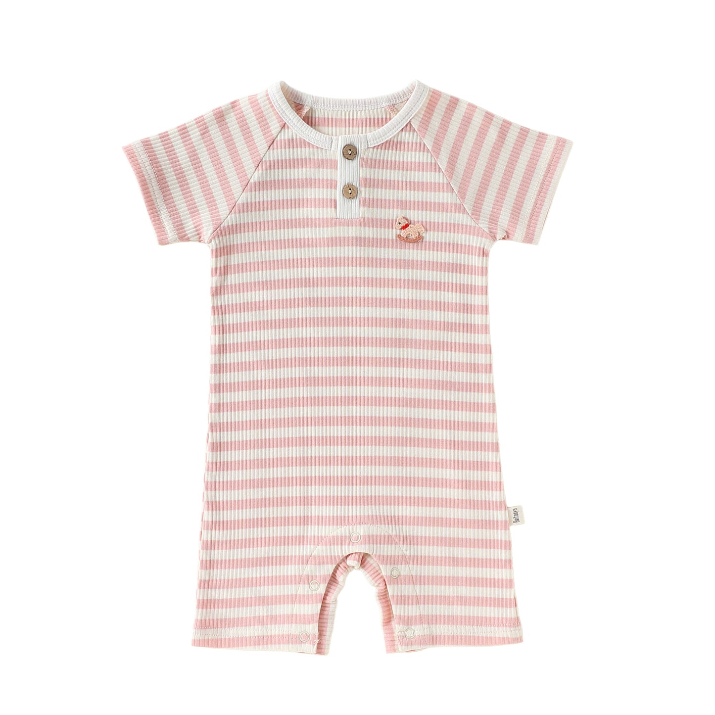 Henley Neckline Short Sleeve Modal Romper ワンポイント 刺繍 半袖ロンパース【mh0012781】