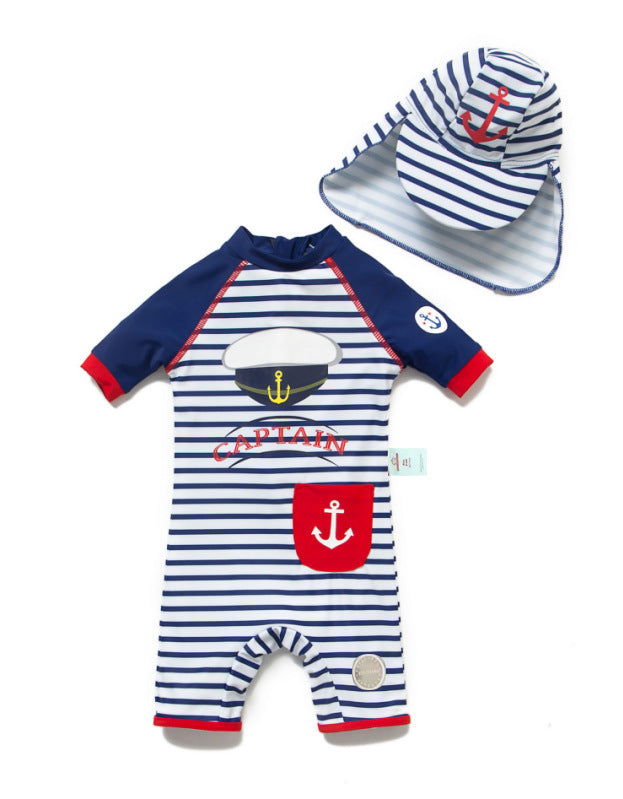 Striped Swimsuit With Matching Cap マリン 半袖水着 帽子セット【mh0013320】