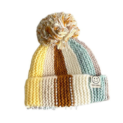 キッズ帽子 カラフルストライプ ニットキャップ ぽんぽん ビーニー【mh0011847】