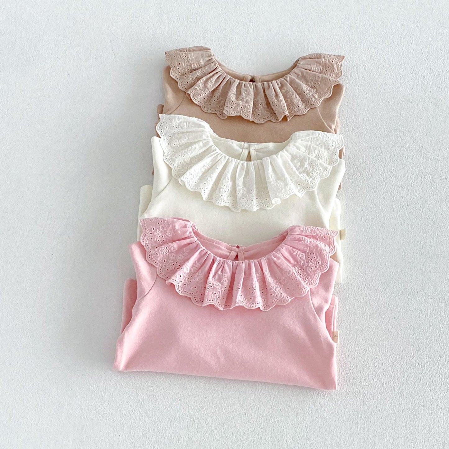 Camiseta de manga larga con cuello y dobladillo de volantes para niñas y pantalón acampanado【mh0014029】