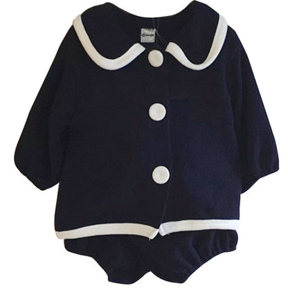 College Style Knit Cardigan & Shorts Set コントラストライン ニット セットアップ【mh0012675】