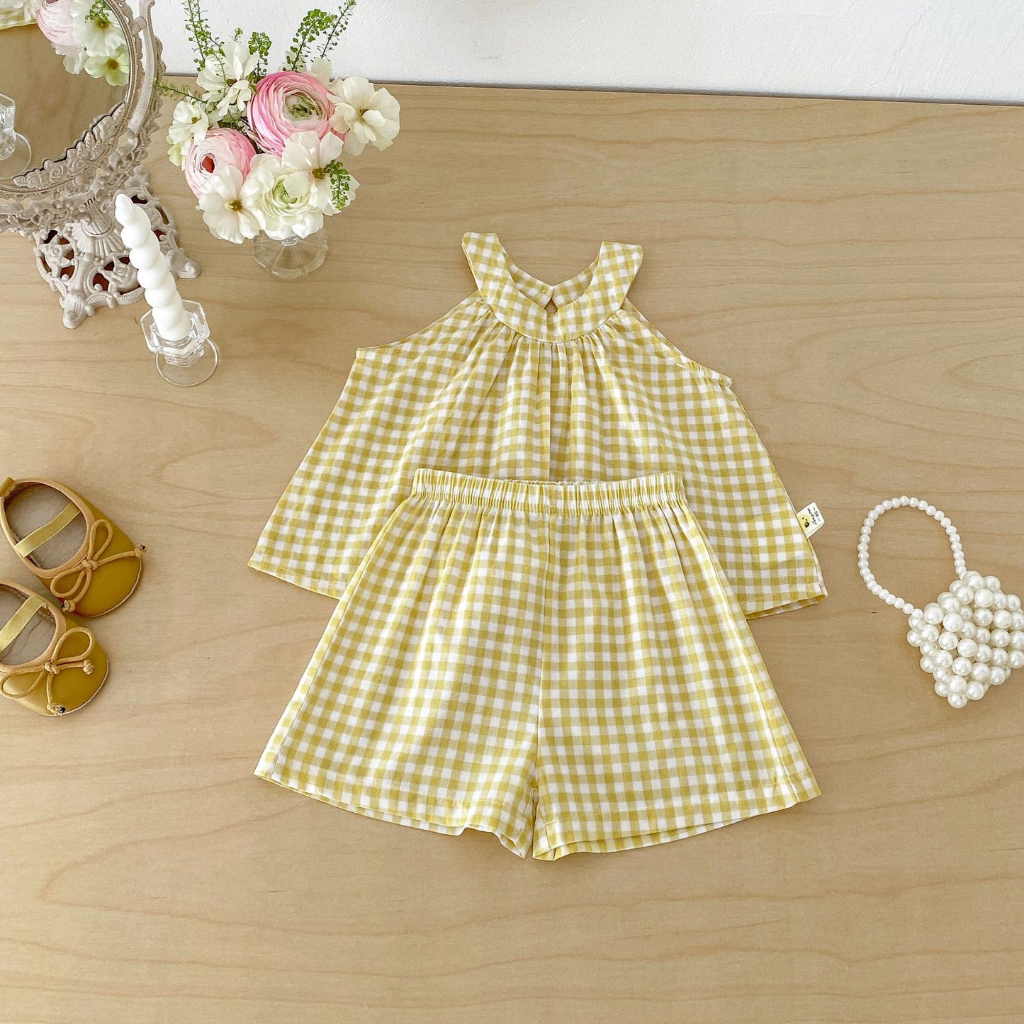 Gingham Halter Set チェック ノースリーブシャツ ショートパンツ セット【mh0013424】