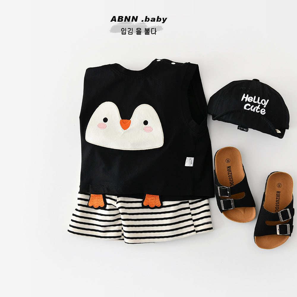 Penguin Applique Sleeveless Set ボーダー ノースリーブTシャツ セット【mh0012846】