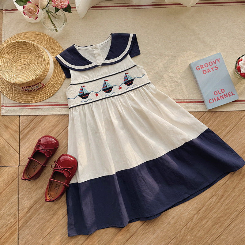 ヨット刺繍 セーラーカラー ノースリーブワンピース レトロモダン【mh0013662】