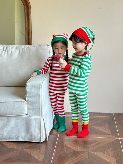 Kids' striped long-sleeve T-shirt, easy-fit long pants, and pom-pom motif cap: 3-piece set【mh0008100】