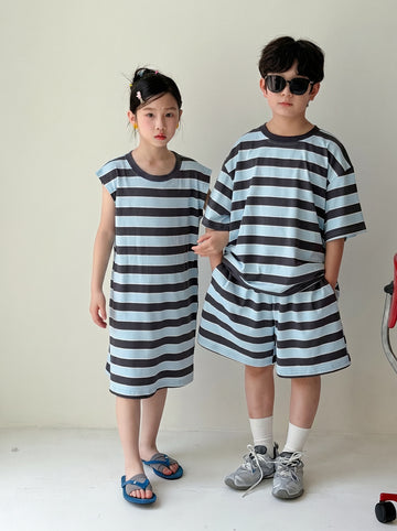 Casual Stripe Loose Dress Set ボーダー 半袖Tシャツ ハーフパンツ セット ノースリーブワンピース【mh0013537】