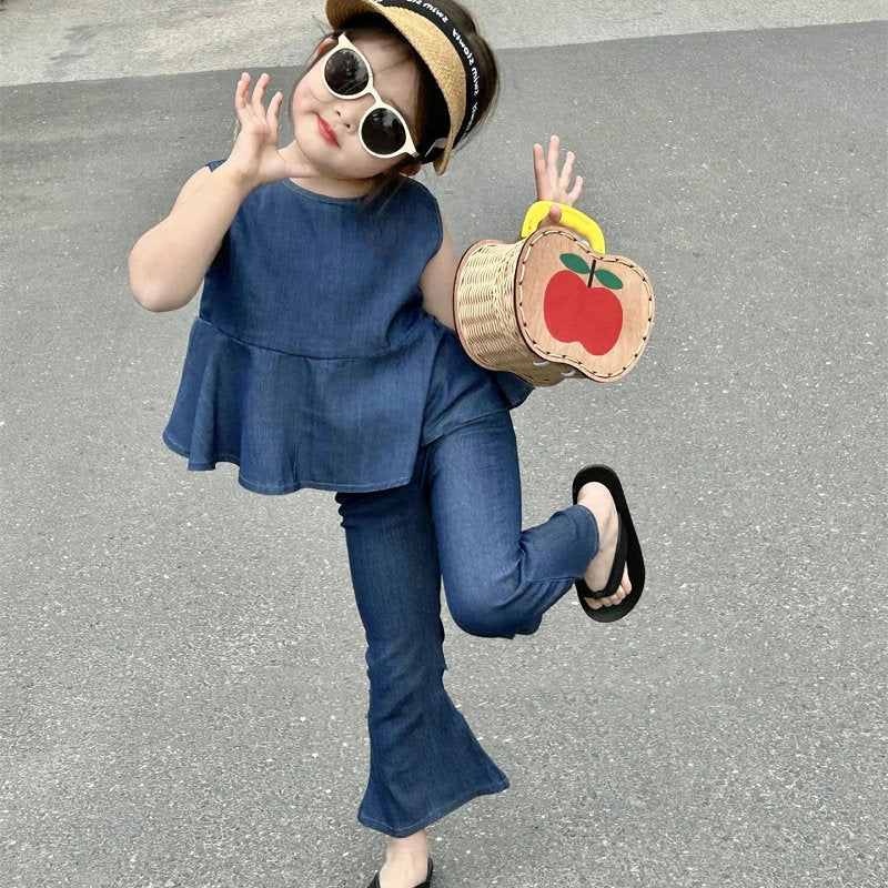 Kids' Denim Sleeveless Peplum Blouse and Flare Pants Set [mh0001861]