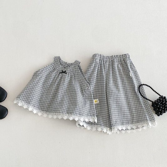 Plaid Halter Neck Top Lace Trim Shorts Set レース ノースリーブチュニック ガウチョパンツ【mh0013422】
