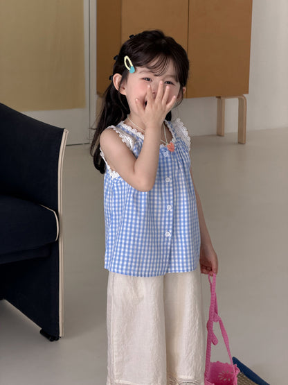 Gingham Lace Sleeveless Shirt チェック ノースリーブブラウス【mh0013117】