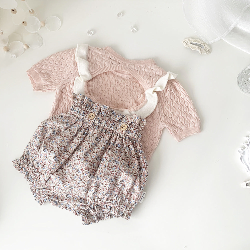 Baby Kids Openwork Knit Ruffled Summer Top Backless Short Sleeve T-Shirt [mh0002013]