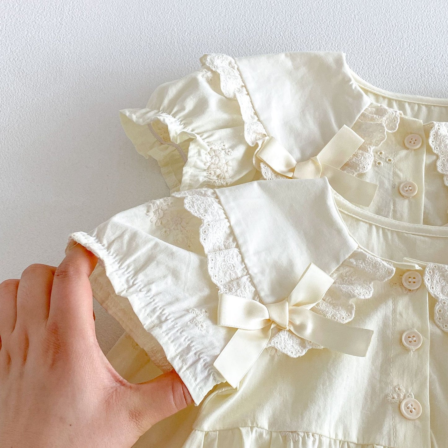 Baby Kids Lace Collar Ribbon Embroidery Puff Sleeve Short Sleeve Romper Dress [mh0013846]