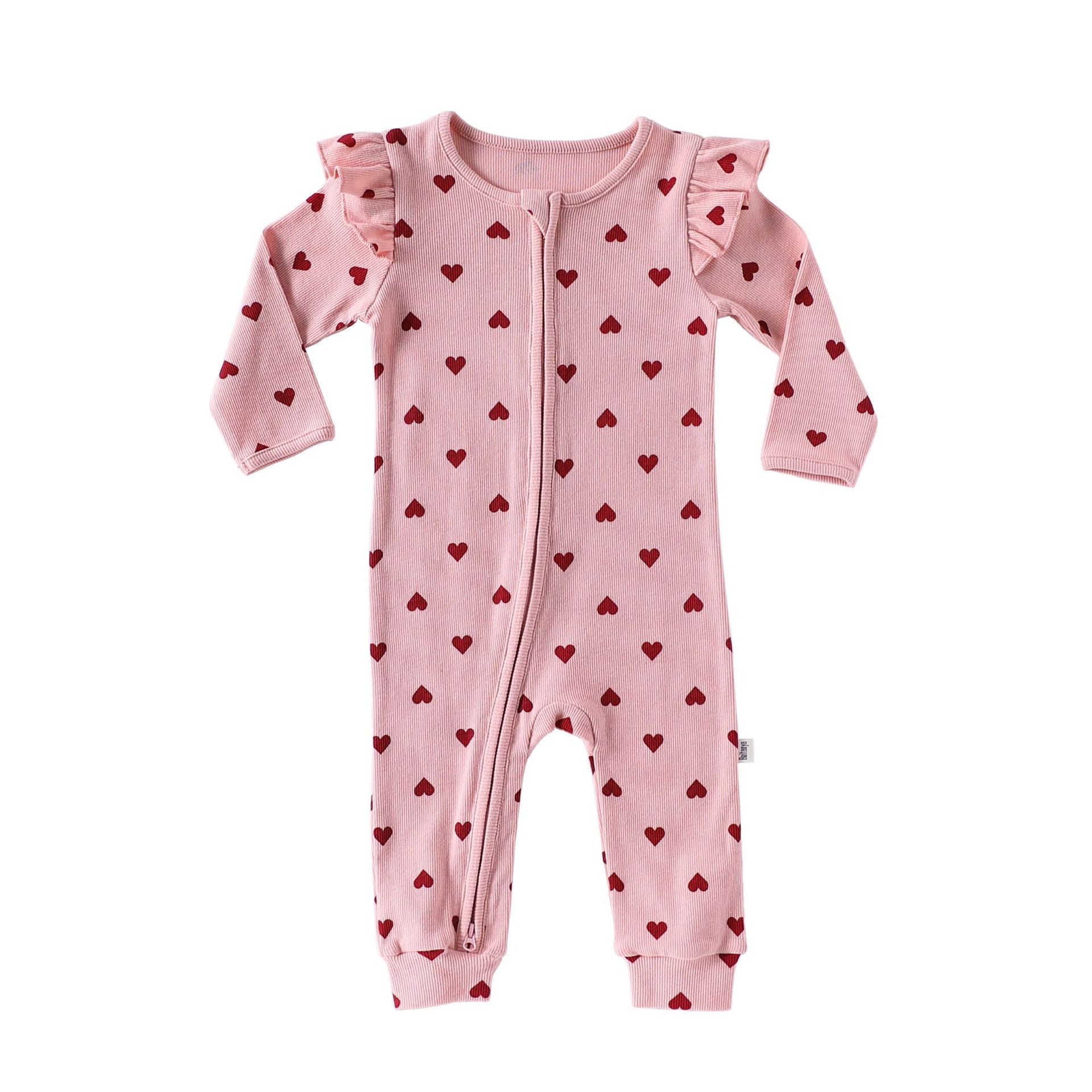 -ハート/リボンプリントジップアップ長袖ジャンプスーツ【mh0010734】 - mamahalo shop - 長袖ロンパース -  べビー服 - 子供服 - 男の子 - 女の子