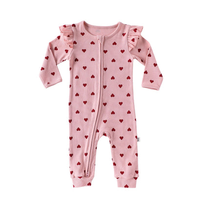 -ハート/リボンプリントジップアップ長袖ジャンプスーツ【mh0010734】 - mamahalo shop - 長袖ロンパース -  べビー服 - 子供服 - 男の子 - 女の子