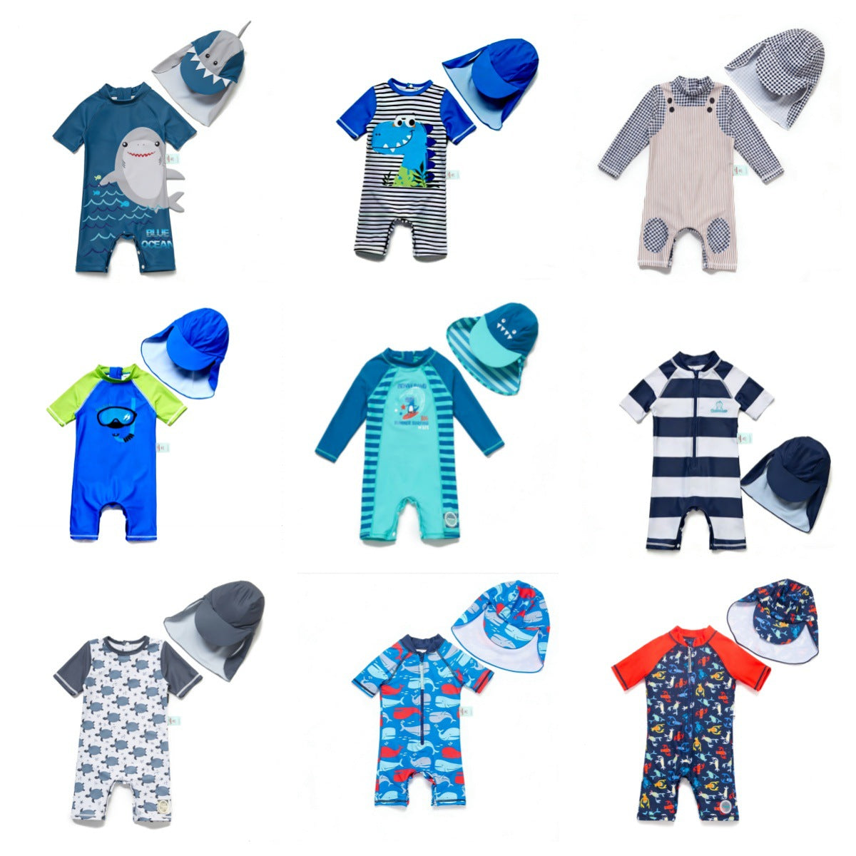 One-Piece Sun Protection Surf Wear プリント 半袖水着 帽子セット【mh0013319】