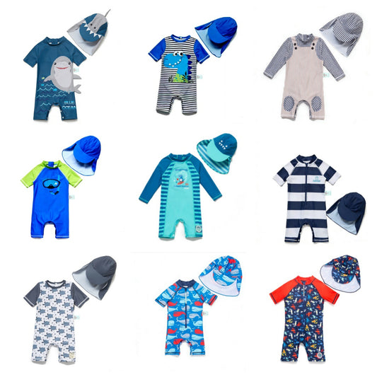 One-Piece Sun Protection Surf Wear プリント 半袖水着 帽子セット【mh0013319】