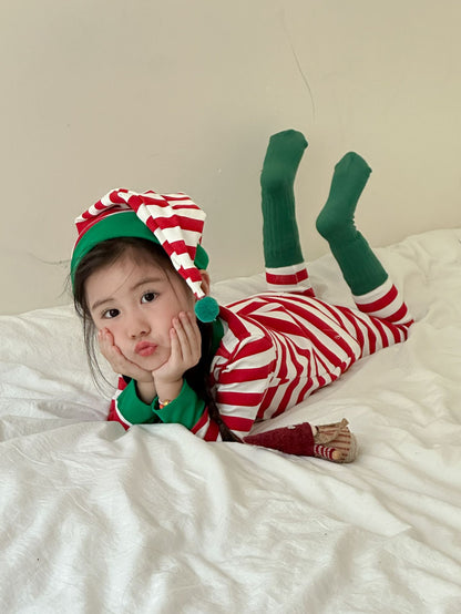 Kids' striped long-sleeve T-shirt, easy-fit long pants, and pom-pom motif cap: 3-piece set【mh0008100】