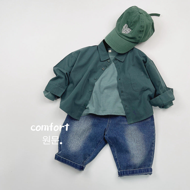 Camisa de manga larga lisa suelta con bolsillo en el pecho para niños【mh0013936】