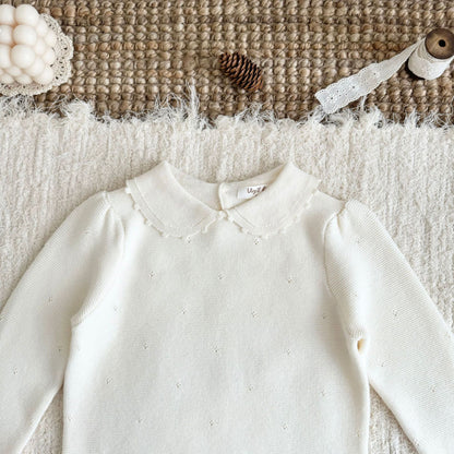 Jersey de punto para niños con cuello redondo, volantes, borde festoneado y calados [mh0014616]