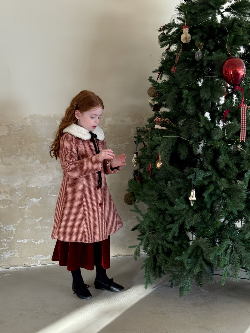 A-line retro coat with check pattern, round collar, quilted fur ribbon collar [mh0011889]