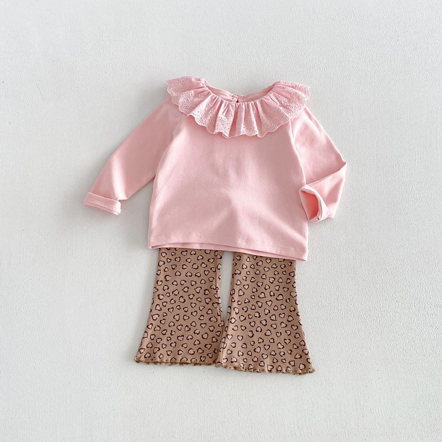 Camiseta de manga larga con cuello y dobladillo de volantes para niñas y pantalón acampanado【mh0014029】