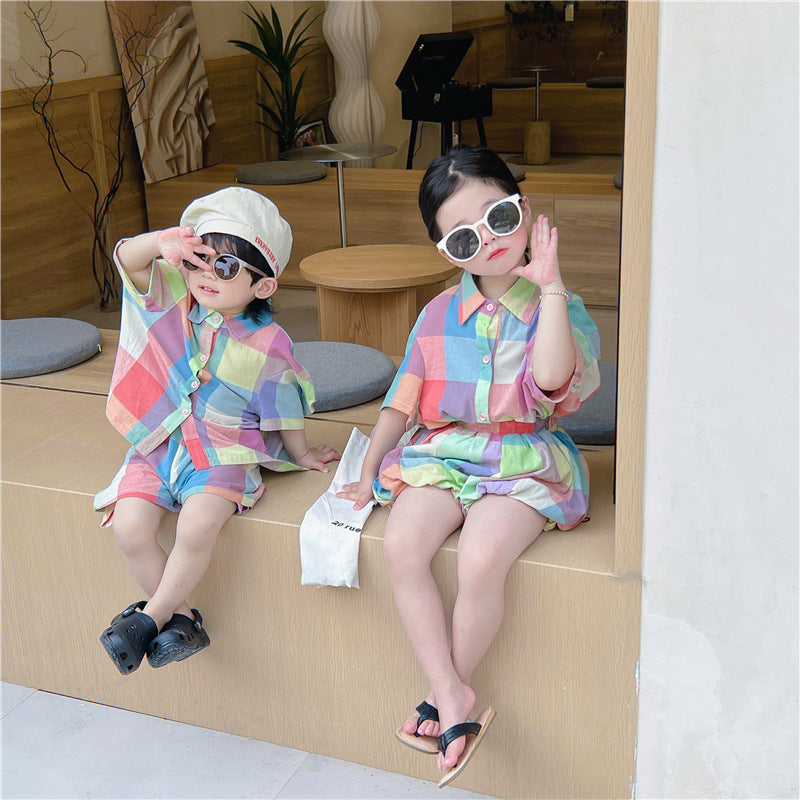 Kids' Checkered Short-Sleeved Shirt, Shorts, and Balloon Pants Set [mh0001742]