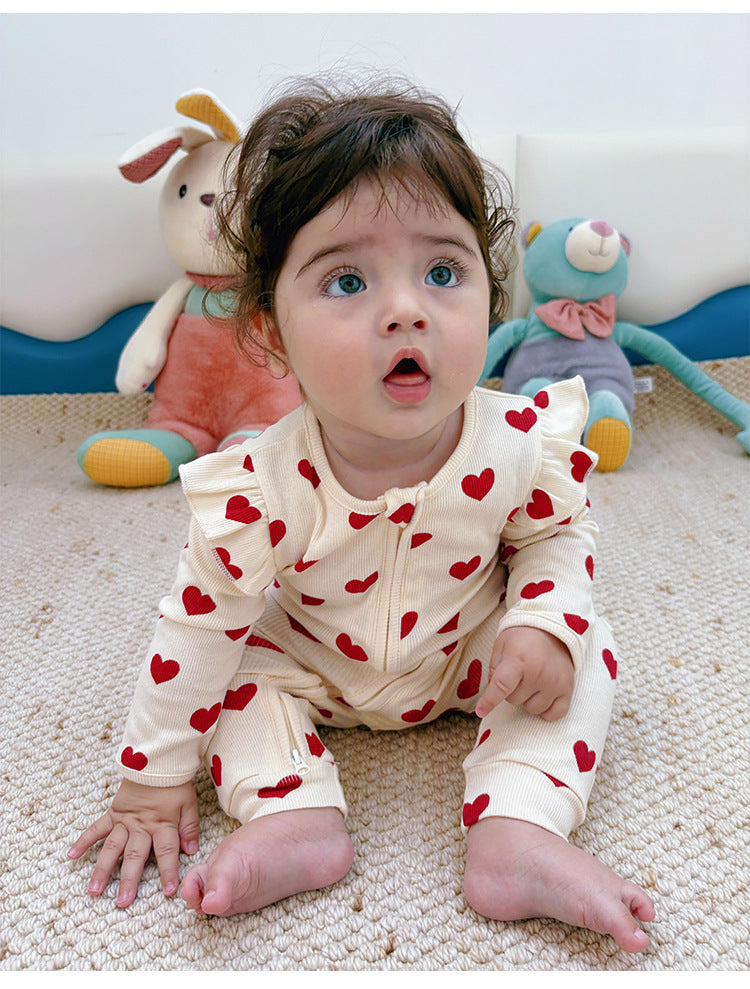 -ハート/リボンプリントジップアップ長袖ジャンプスーツ【mh0010734】 - mamahalo shop - 長袖ロンパース -  べビー服 - 子供服 - 男の子 - 女の子