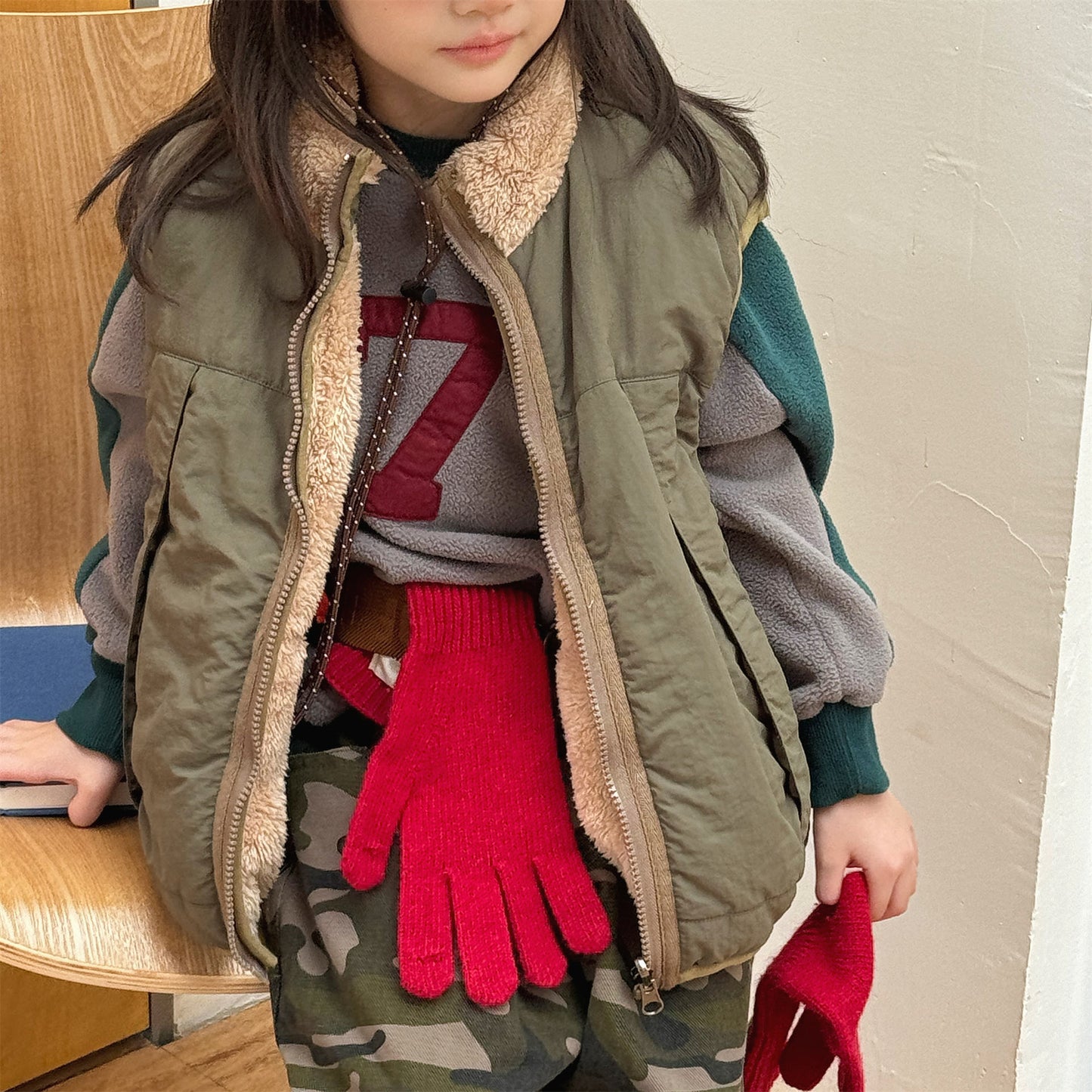 パッチワークベスト 裏ボアフリース スタンドカラー【mh0011920】