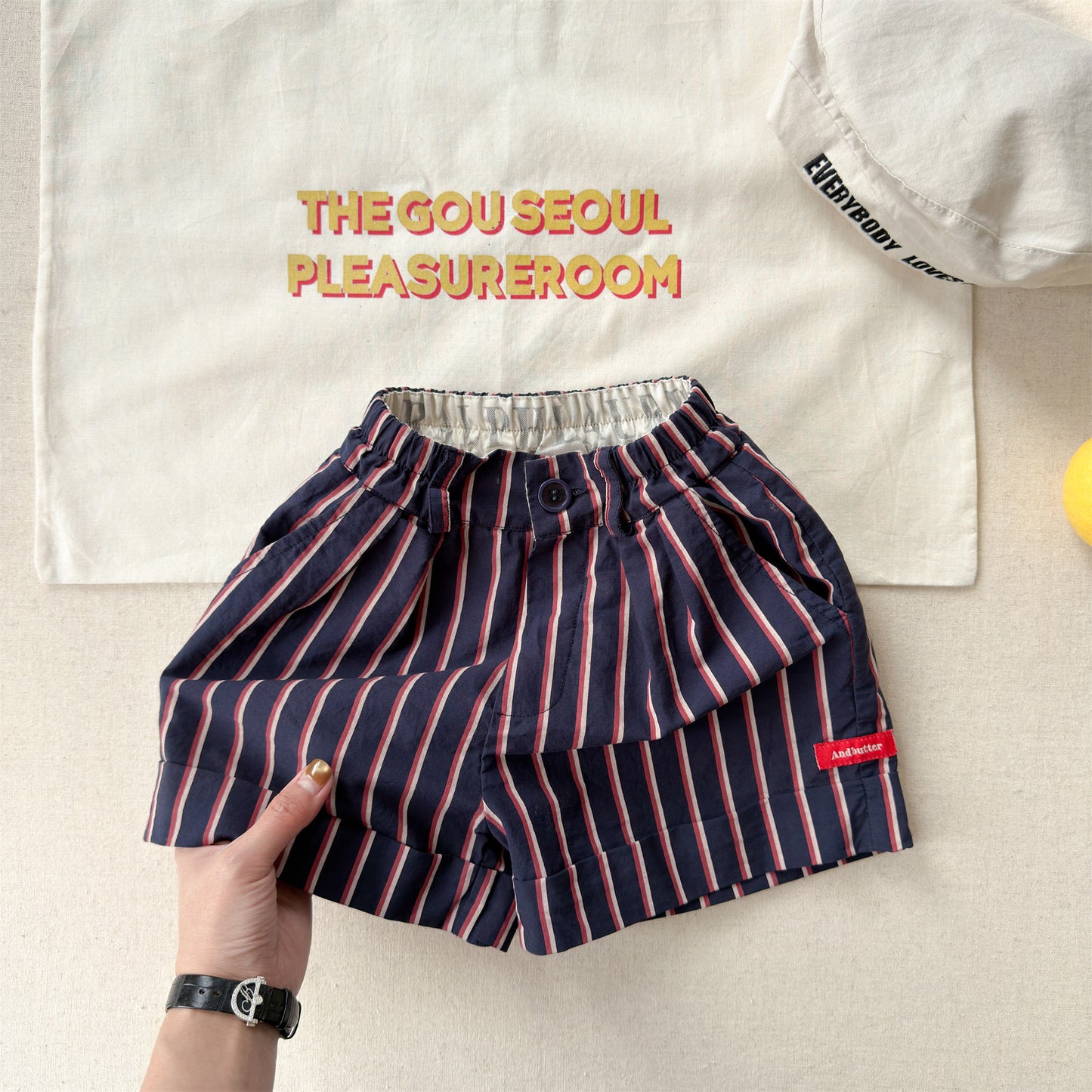 Navy Red Stripe Cotton Shorts ストライプ ショートパンツ【mh0012664】