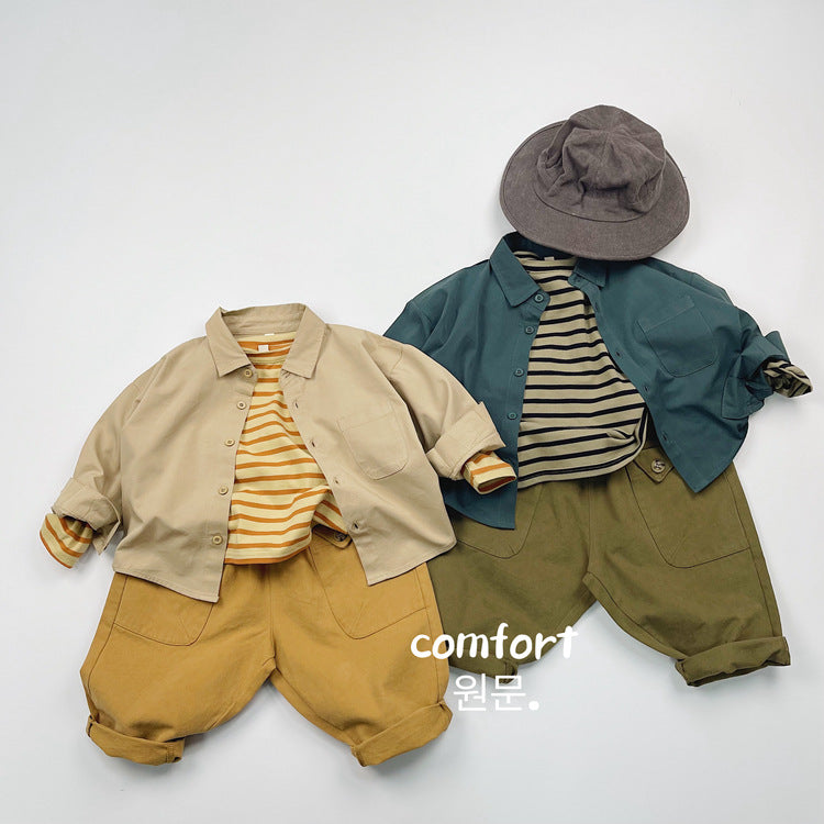 Camisa de manga larga lisa suelta con bolsillo en el pecho para niños【mh0013936】
