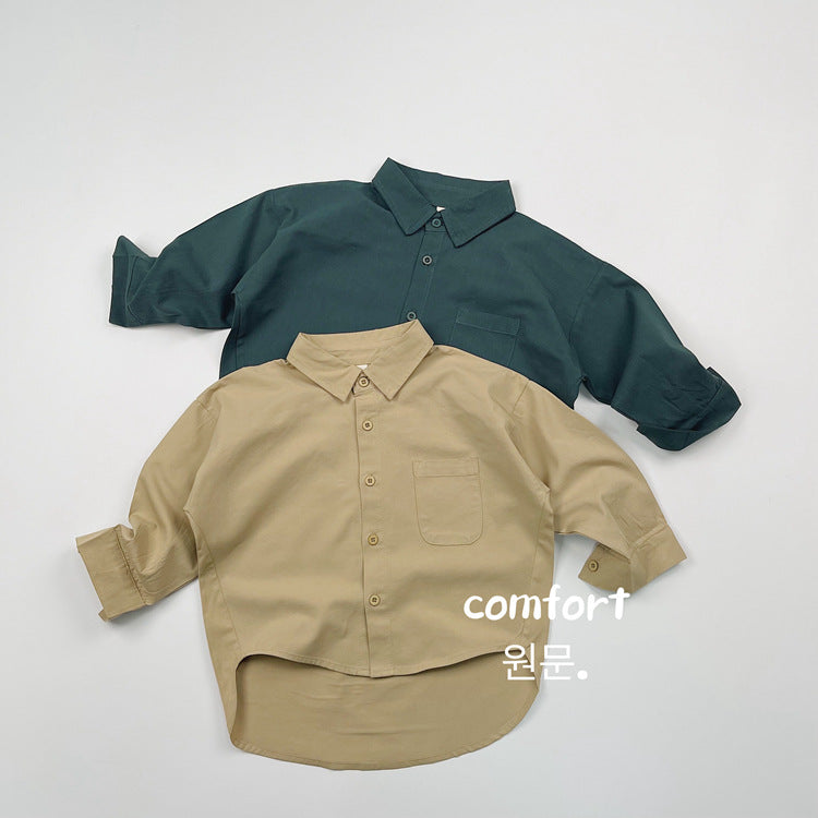 Camisa de manga larga lisa suelta con bolsillo en el pecho para niños【mh0013936】