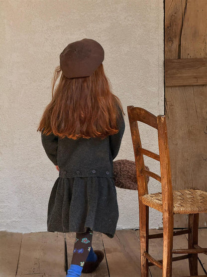 長袖セーターワンピース プルオーバー フリル裾 ドッキング バイカラー ニット【mh0011741】