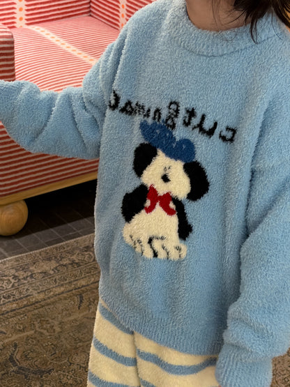 Coral fleece pajama set with dog motif, striped pants, and loungewear [mh0011872]