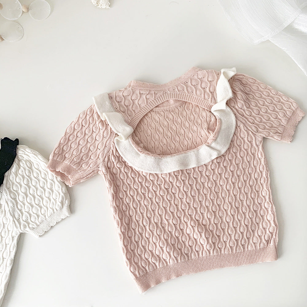 Baby Kids Openwork Knit Ruffled Summer Top Backless Short Sleeve T-Shirt [mh0002013]