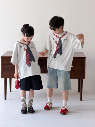 Faux Tie Printed Loose Tee ネクタイ 半袖Tシャツ【mh0013533】