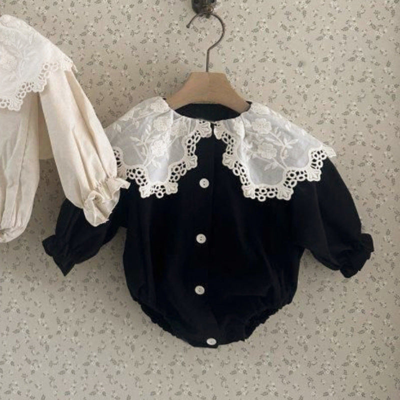 長袖ロンパース レース襟 ボリューム袖 フロントボタン ボディスーツ【mh0011630】