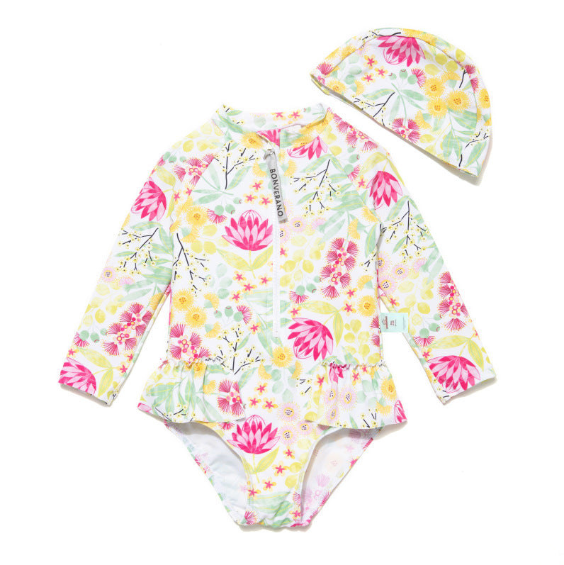 Long-sleeve Diagonal Zipper One-piece Beach Sun Protection Surf Suit ボタニカル 長袖水着 帽子セット【mh0013316】