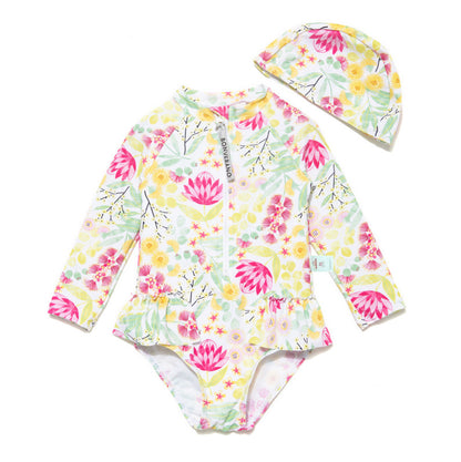 Long-sleeve Diagonal Zipper One-piece Beach Sun Protection Surf Suit ボタニカル 長袖水着 帽子セット【mh0013316】
