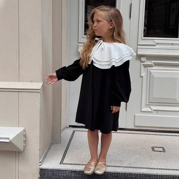 Kids' Frilled Collar with Ribbon, Puff Sleeve, A-Line, Long-Sleeved Dress [mh0013870]