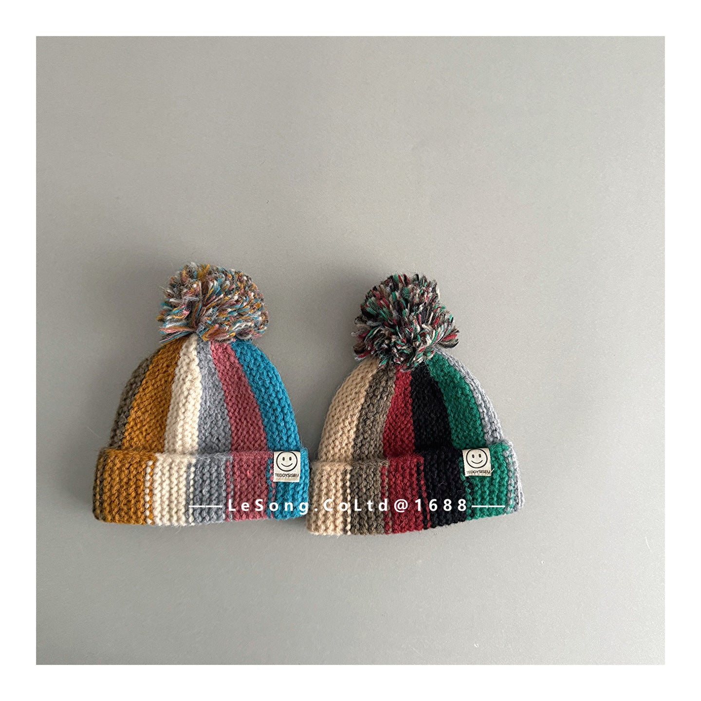 キッズ帽子 カラフルストライプ ニットキャップ ぽんぽん ビーニー【mh0011847】