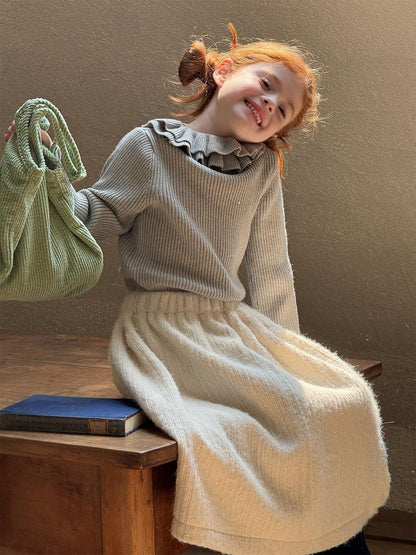 長袖カットソー ダブルラッフルカラー ニットTシャツセーター【mh0011756】