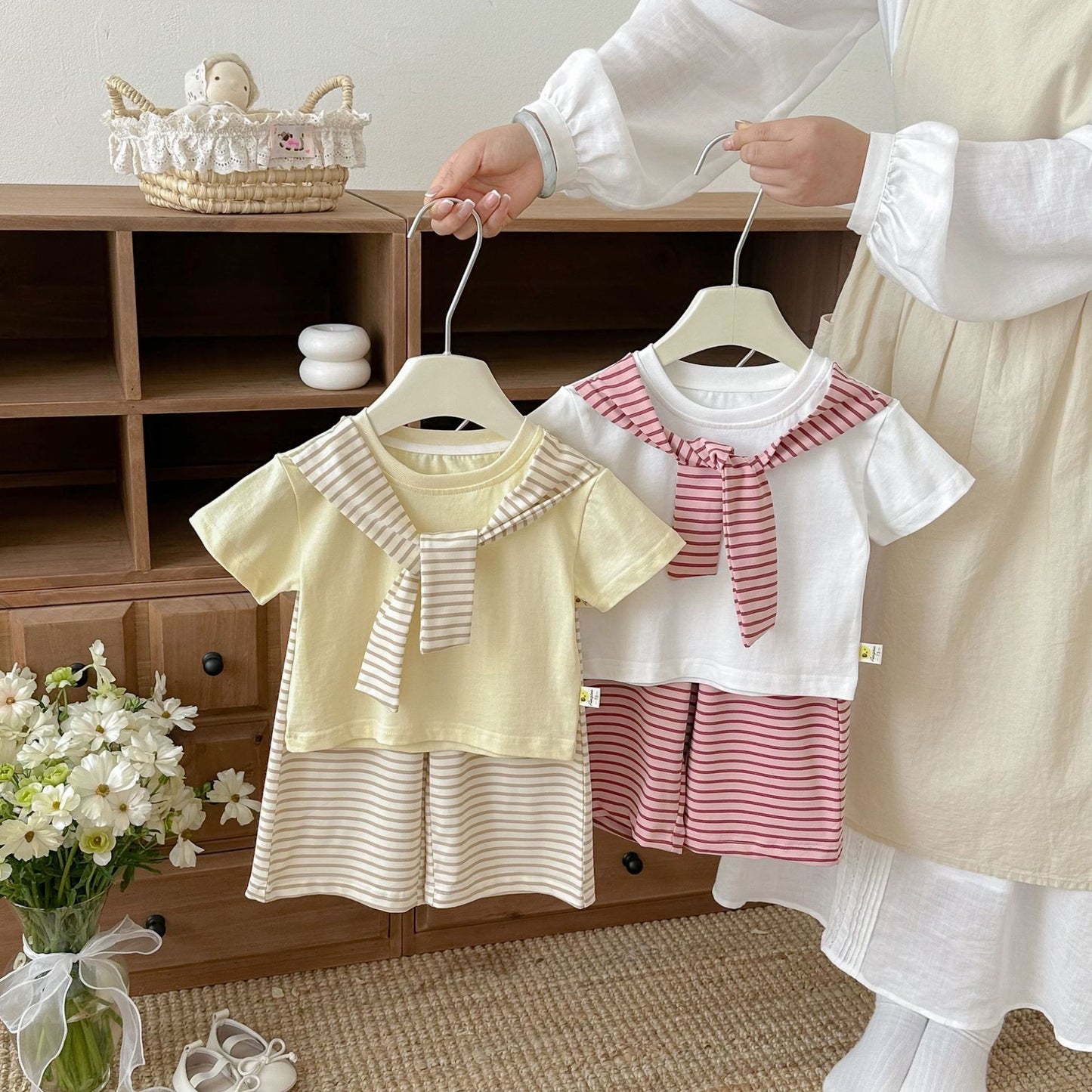 Sailor Collar Striped Set 半袖Tシャツ ハーフパンツ セット【mh0013426】