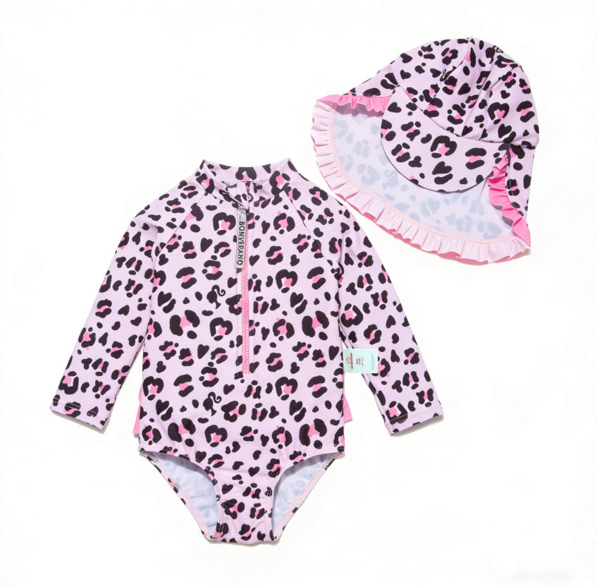 Baby Girls One-piece Sun Protection Surf Suit ボタニカル 長袖水着 帽子セット【mh0013317】