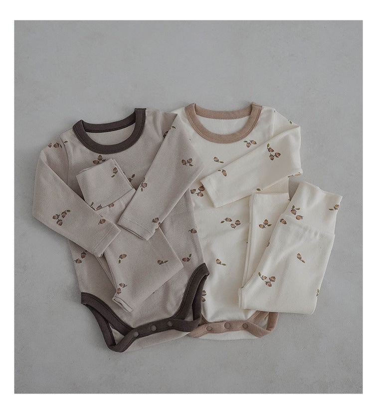 -どんぐりプリント長袖ボディスーツ+ロングパンツセットアップ 2点セット【mh0010748】 - mamahalo shop - ロンパースセットアップ -  べビー服 - 子供服 - 男の子 - 女の子
